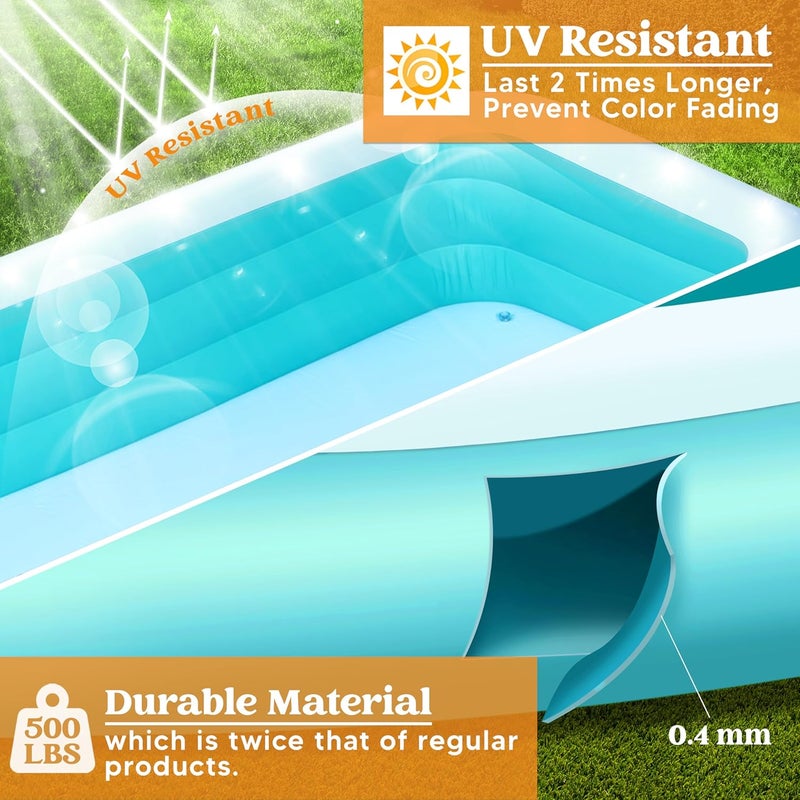 Sloosh Inflatable Pool for Adults with Seats, 130" x 72" x 22" Full-Sized Blow Up Durable Thickened Above Ground Family Pool, Large Swimming Pools for Backyard Garden Lawn Summer Water Party, Cyan - Image 2
