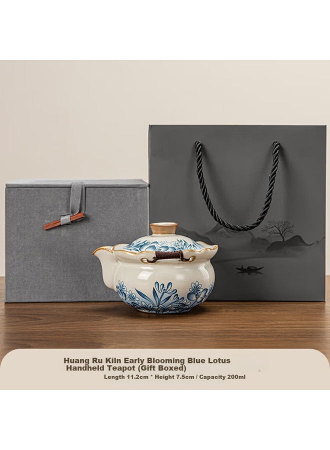 Puqi Huang Ru Kiln Early Blooming Blue Lotus Handheld Ceramic Tea Pot With Tea-water Separation Gift Box Kung Fu Tea Set Accessory - Image 1