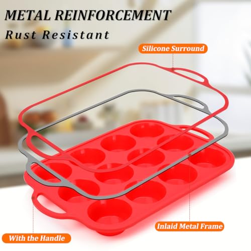 CAKETIME Silicone Muffin Pan Metal Reinforced Frame Silicone Cupcake Pan Regular Size 12 Cups Nonstick Muffin Tins for Baking Easy to Move 2 Pack Red - Image 3