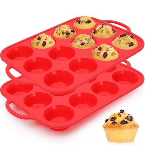 CAKETIME Silicone Muffin Pan Metal Reinforced Frame Silicone Cupcake Pan Regular Size 12 Cups Nonstick Muffin Tins for Baking Easy to Move 2 Pack Red - Image 1