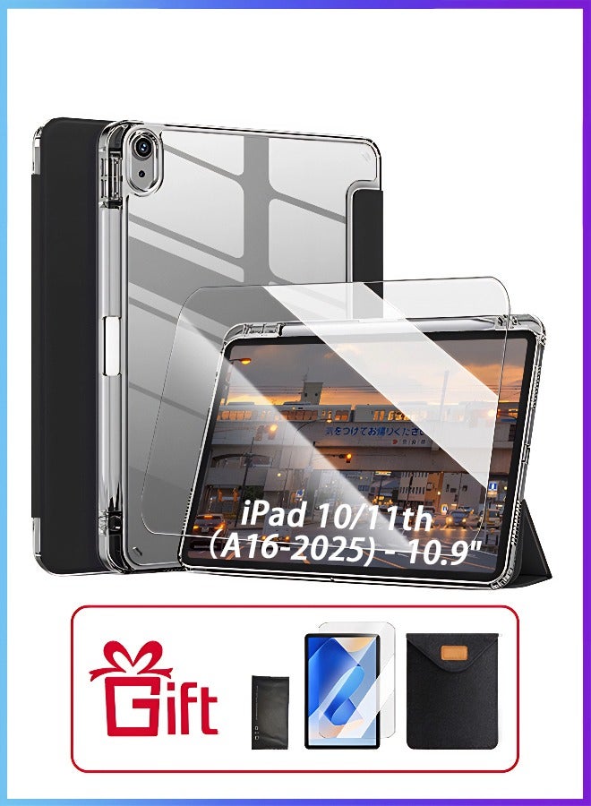 iPad 11th Generation Case (A16 2025) And iPad 10th Generation 10.9 Inch Case, Slim Smart Cover With Pen Slot, iPad A16 Case Tpu Transparent Tri-Fold Stand Smart Wake-Up/ AED 23 Gift Set Anti-Glare Protective Film- Black - Image 1