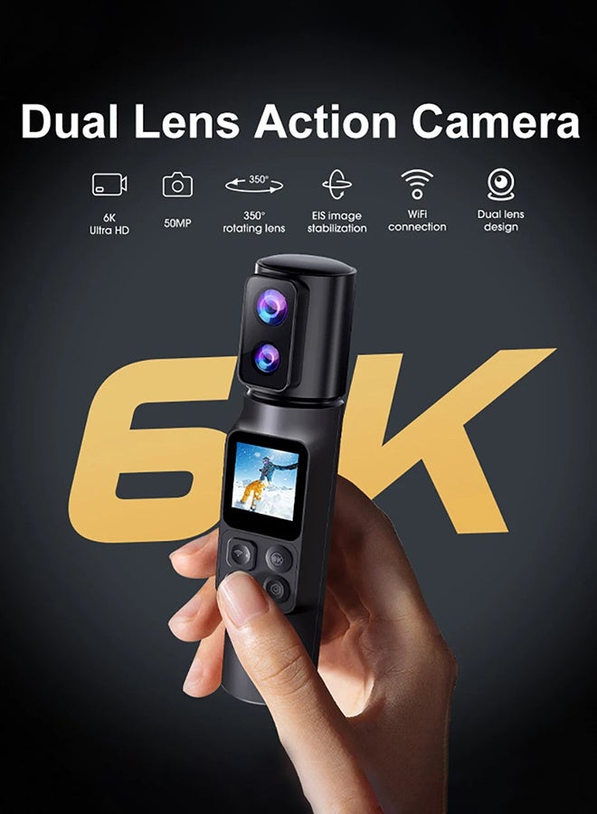 AUSEK 6K Action Camera, WIFI Dual Lens Pocket Camera, 350° Rotating Lens, 50MP Vlogging Camera, 2600mAh+2600mAh Battery, Battery handle, 5X Zoom, 6-Axis Stabilizer, Touch Screen, Support Time-Lapse Recording/Slow Motion/Pre-Recording(with 64G TF Card)  - Image 2