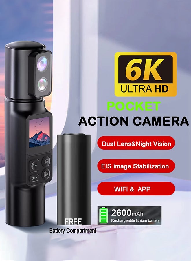 AUSEK 6K Action Camera, WIFI Dual Lens Pocket Camera, 350° Rotating Lens, 50MP Vlogging Camera, 2600mAh+2600mAh Battery, Battery handle, 5X Zoom, 6-Axis Stabilizer, Touch Screen, Support Time-Lapse Recording/Slow Motion/Pre-Recording(with 64G TF Card)  - Image 1