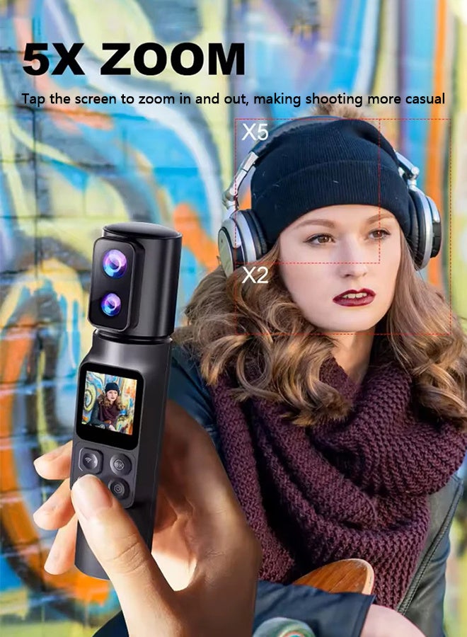 AUSEK 6K Action Camera, WIFI Dual Lens Pocket Camera, 350° Rotating Lens, 50MP Vlogging Camera, 2600mAh+2600mAh Battery, Battery handle, 5X Zoom, 6-Axis Stabilizer, Touch Screen, Support Time-Lapse Recording/Slow Motion/Pre-Recording(with 64G TF Card)  - Image 5