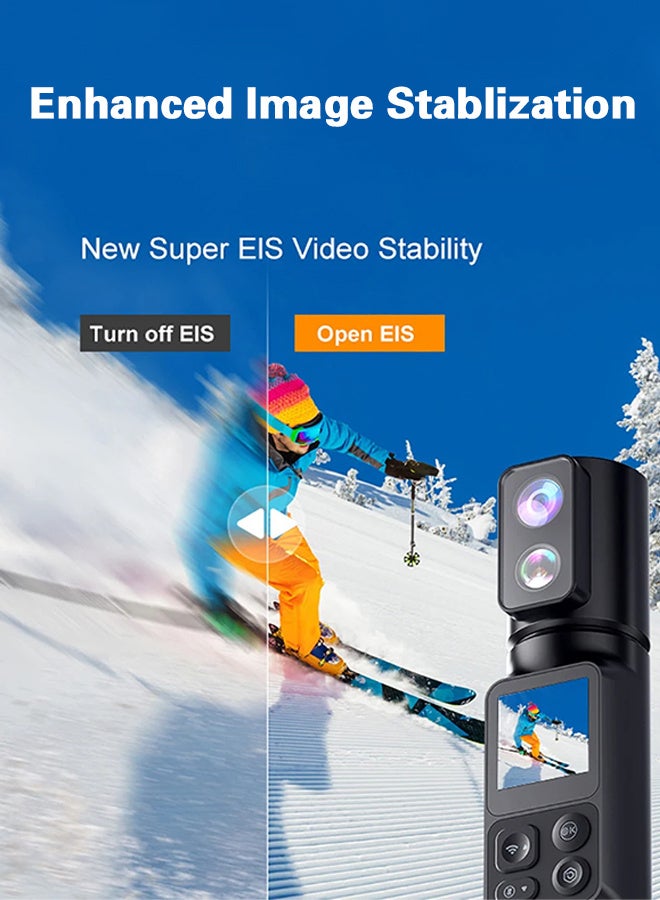 AUSEK 6K Action Camera, WIFI Dual Lens Pocket Camera, 350° Rotating Lens, 50MP Vlogging Camera, 2600mAh+2600mAh Battery, Battery handle, 5X Zoom, 6-Axis Stabilizer, Touch Screen, Support Time-Lapse Recording/Slow Motion/Pre-Recording(with 64G TF Card)  - Image 3