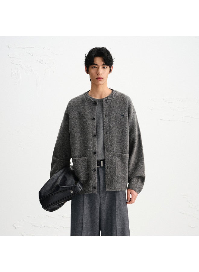 Waxbird Men's 2025 Autumn Round Neck Puppy Embroidery Textured Brushed Yarn Cardigan Men's Sweater - Image 2