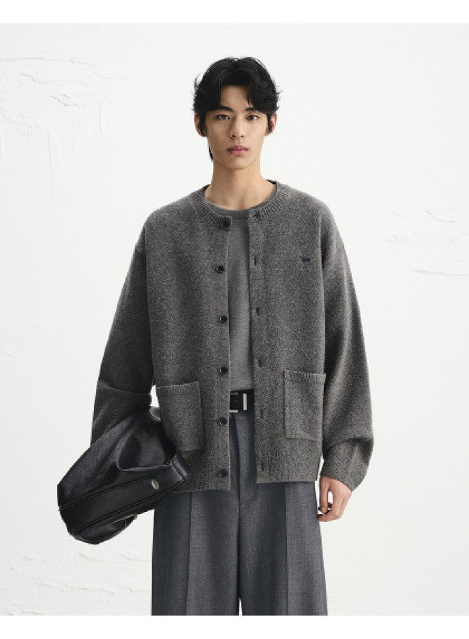 Waxbird Men's 2025 Autumn Round Neck Puppy Embroidery Textured Brushed Yarn Cardigan Men's Sweater - Image 1