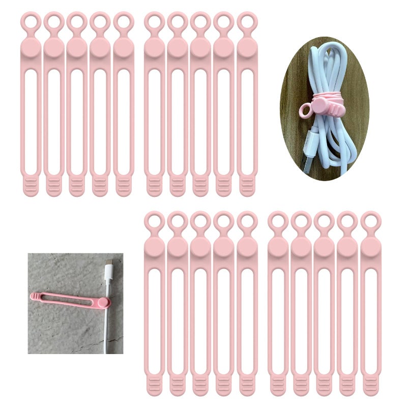 UMUST [20Park]Umust Silicone Cable Ties Reusable Cable Management Organizer Cable Straps Cord Ties Multipurpose Elastic Cord Organizer For Bundling And Fastening Cable Cords Wires(Pink) - Image 1
