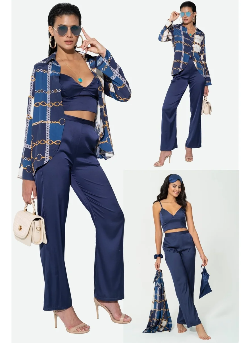 For You In&Out 6-Piece Satin Chain Pattern Shirt with Bustier Navy Blue Bottom Top Set S26973