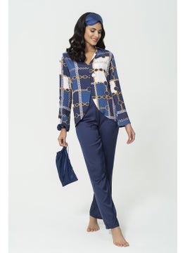 for you in&out 6-Piece Satin Chain Pattern Shirt with Bustier Navy Blue Bottom Top Set S26973  - Image 4