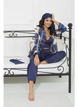 for you in&out 6-Piece Satin Chain Pattern Shirt with Bustier Navy Blue Bottom Top Set S26973  - Image 5