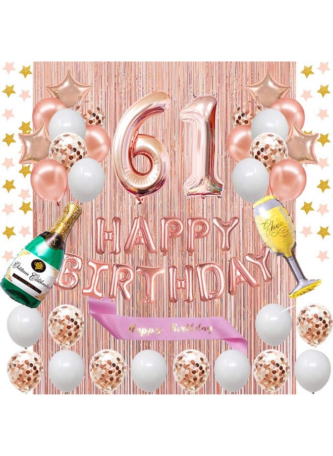 Fancy Partyshop 61St Birthday Decorations Rose Gold Happy Birthday Banner And Sash With Number 61 Balloons Latex Confetti Balloons Ideal For Girl And Women 61 Years Old Birthday Rose Gold  - Image 1