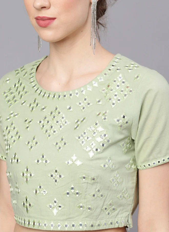أيه كيه إس Peach and Green Embroidered Lehenga Choli With Dupatta for Women