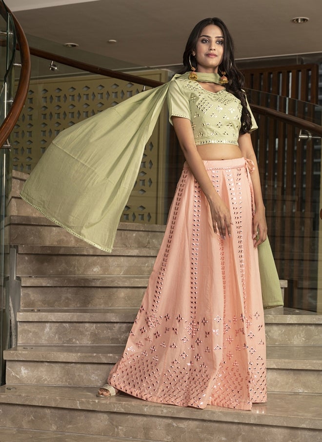 أيه كيه إس بيتش وأخضر مطرز لينجا تشولي مع دوباتا للنساء - Image 1