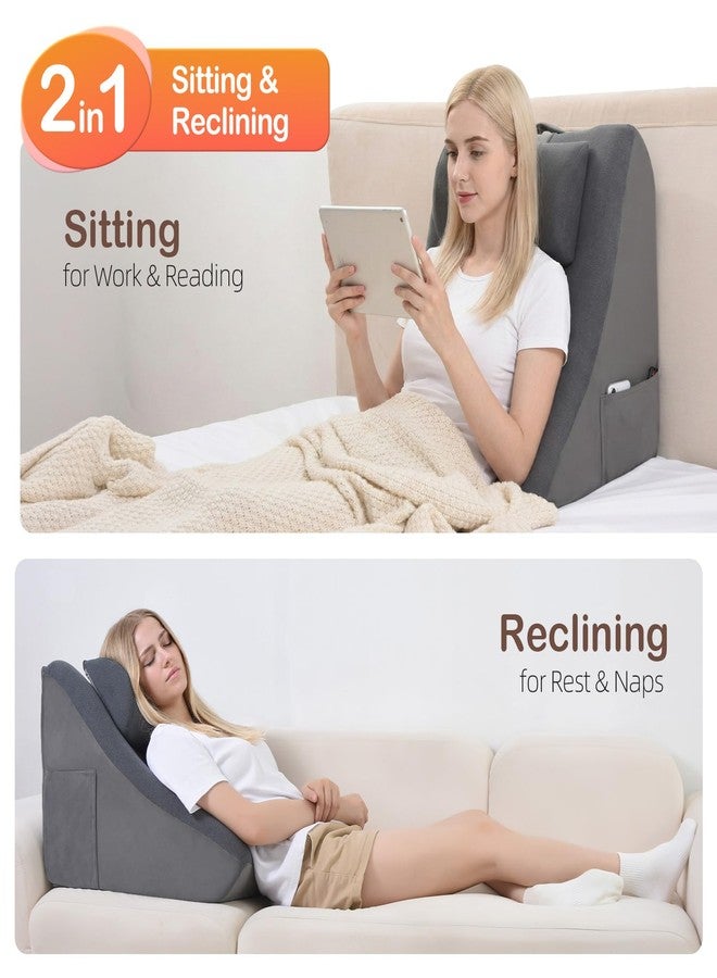 Vekkia Ergonomic Back Pillow for Adults - Adjustable Headrest Bed Backrest Pillow with Dual Layer Foam, 2 Modes for Sitting & Lying on Bed/Floor/Sofa for Reading, Soft Velvety Cover, Pocket - Image 2