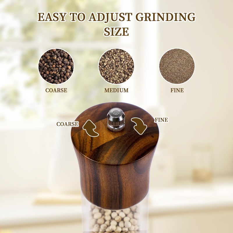XWXO Acacia Wood Premium Acrylic Salt and Pepper Grinder Set 8 Inches Salt and Pepper Mill Set, Manual Mills- Wooden Shakers with Adjustable Ceramic Core 2 Pack for Kitchen Home Gift - Image 5