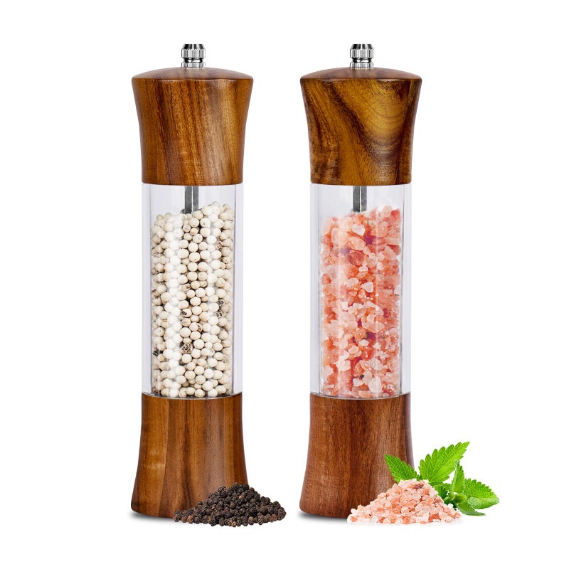 XWXO Acacia Wood Premium Acrylic Salt and Pepper Grinder Set 8 Inches Salt and Pepper Mill Set, Manual Mills- Wooden Shakers with Adjustable Ceramic Core 2 Pack for Kitchen Home Gift - Image 1