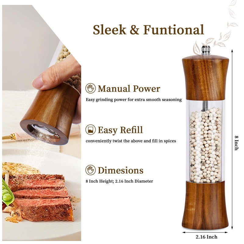 XWXO Acacia Wood Premium Acrylic Salt and Pepper Grinder Set 8 Inches Salt and Pepper Mill Set, Manual Mills- Wooden Shakers with Adjustable Ceramic Core 2 Pack for Kitchen Home Gift - Image 2