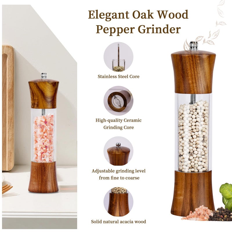 XWXO Acacia Wood Premium Acrylic Salt and Pepper Grinder Set 8 Inches Salt and Pepper Mill Set, Manual Mills- Wooden Shakers with Adjustable Ceramic Core 2 Pack for Kitchen Home Gift - Image 3
