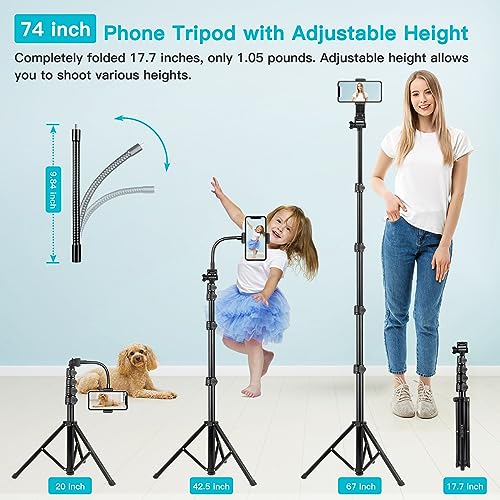 Victiv 74" Flexible Phone Tripod, Tall Cell Phone Tripod with Adjustable Gooseneck & Remote, Portable Camera Cellphone Stand for Video Recording, Compatible with iPhone Android - Image 3