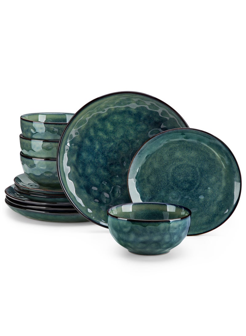 12 قطعة مجموعة عشاء من سيراميك حجري، مجموعة أدوات طعام تشمل أطباق عشاء وأطباق حلوى وأوعية ل4 أشخاص، أخضر - Image 1