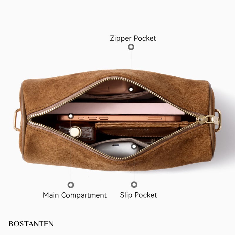 BOSTANTEN Crossbody Purses for Women Suede Leather Shoulder Purse Handbags Vintage Barrel Bag with 2 Adjustable Strap - Image 5