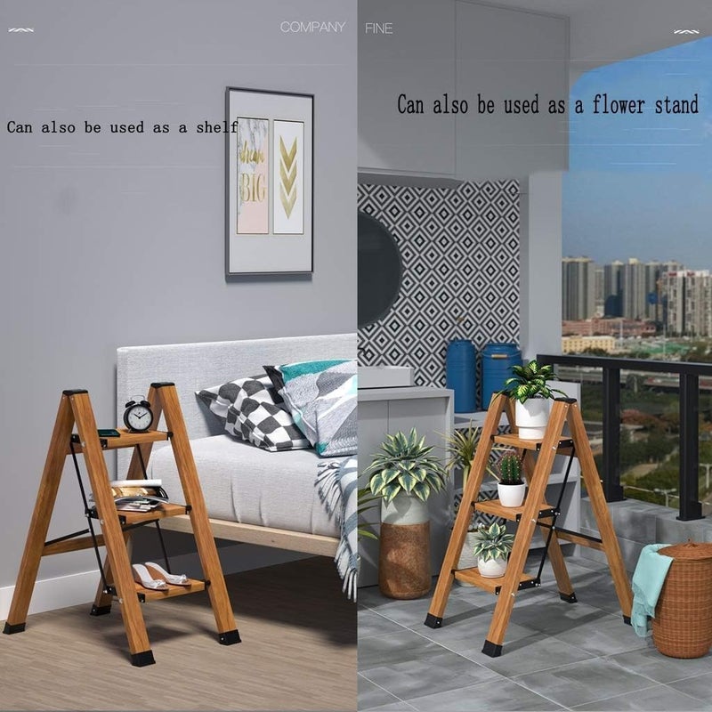 Wood Grain Folding Step Ladder – 3 Step Aluminum Stool – Wide Anti-Slip Pedals, Lightweight, 300kg Capacity, Space-Saving Design, Perfect for Kitchen, Home, Garage, Toddler & Senior Safety - Image 1