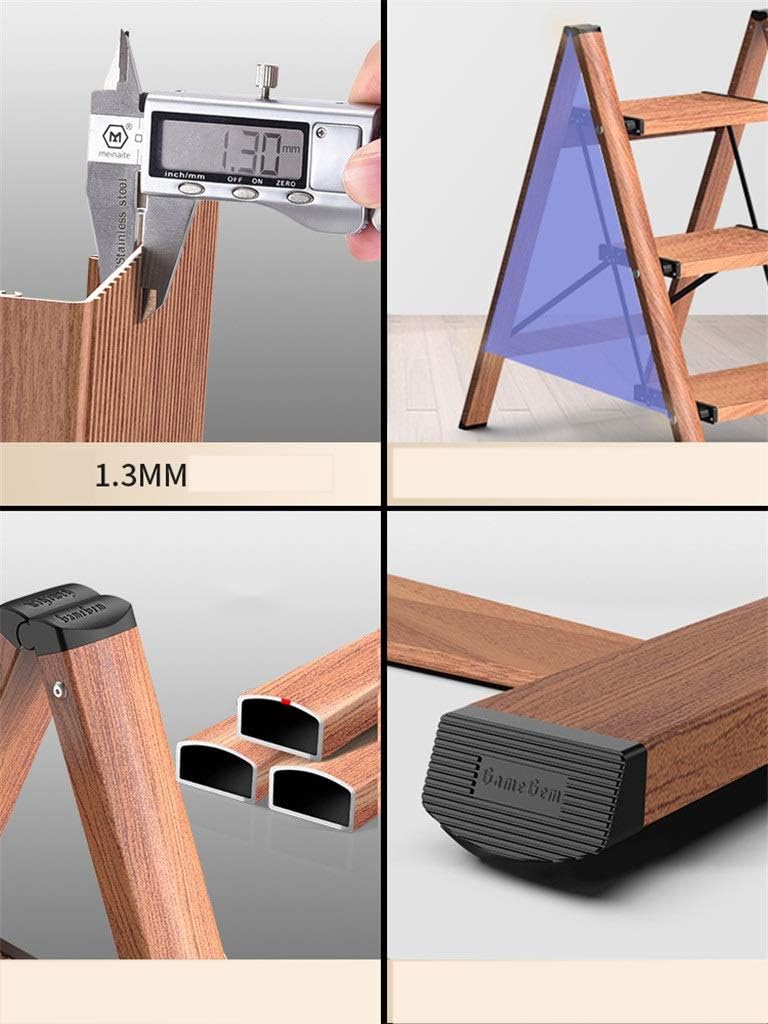 Wood Grain Folding Step Ladder – 3 Step Aluminum Stool – Wide Anti-Slip Pedals, Lightweight, 300kg Capacity, Space-Saving Design, Perfect for Kitchen, Home, Garage, Toddler & Senior Safety - Image 4