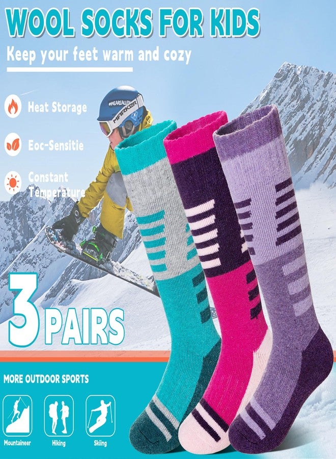 Velice Kids Merino Wool Ski Socks 3 Pairs Boys Girls Thermal Thick Warm Winter Cozy Boot Socks for Skiing Snowboarding(Purple/Green/Rose Red, 8-12 Years) - Image 2
