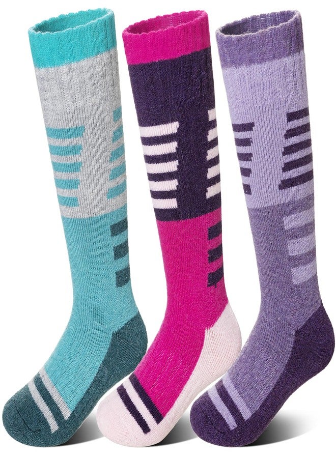 Velice Kids Merino Wool Ski Socks 3 Pairs Boys Girls Thermal Thick Warm Winter Cozy Boot Socks for Skiing Snowboarding(Purple/Green/Rose Red, 8-12 Years) - Image 1