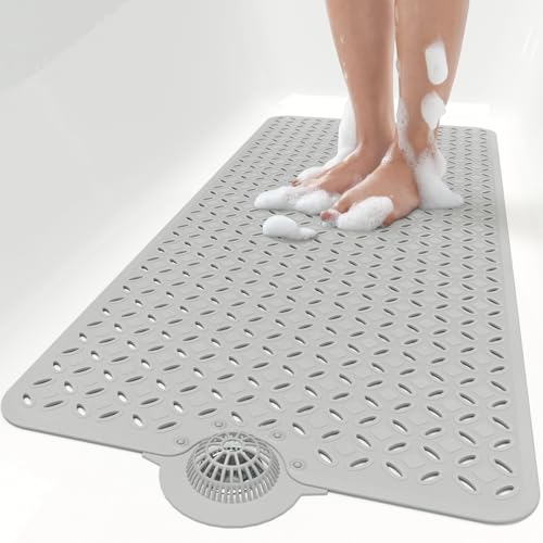OTHWAY Bath Mat for Tub Non Slip: 39" X 17" Long Bathtub Mat with Hair Catcher│Big Drain Holes Shower Mats for Inside Shower│Machine Washable (Grey) - Image 1