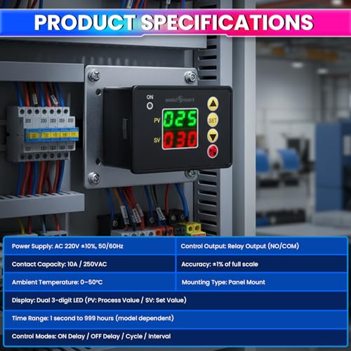 amiciSmart Digital ON/Off Timer Controller | 220V AC Programmable Delay Timer Switch with Dual LED Display | Cycle/Interval Modes | Relay Output 10A 250VAC | Panel Mount - Image 3