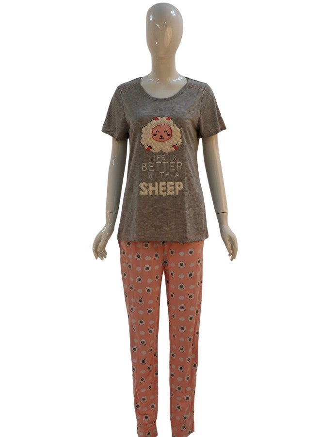 JOANNA JOANNA Women's Life Is Better With A Sheep Print Short Sleeve Shirt & Long Pants Pajama Set, Grey - Image 1