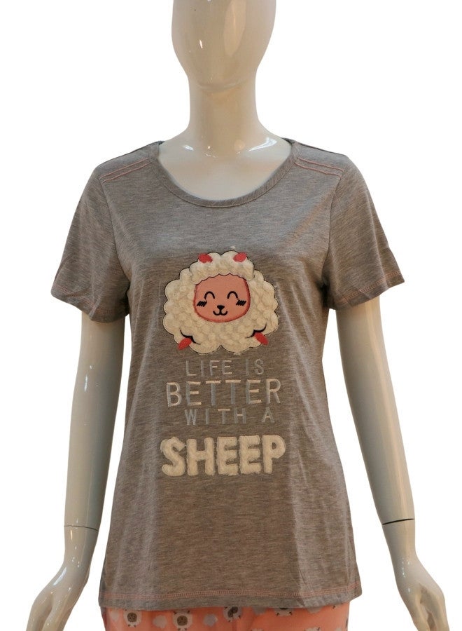 JOANNA JOANNA Women's Life Is Better With A Sheep Print Short Sleeve Shirt & Long Pants Pajama Set, Grey - Image 2