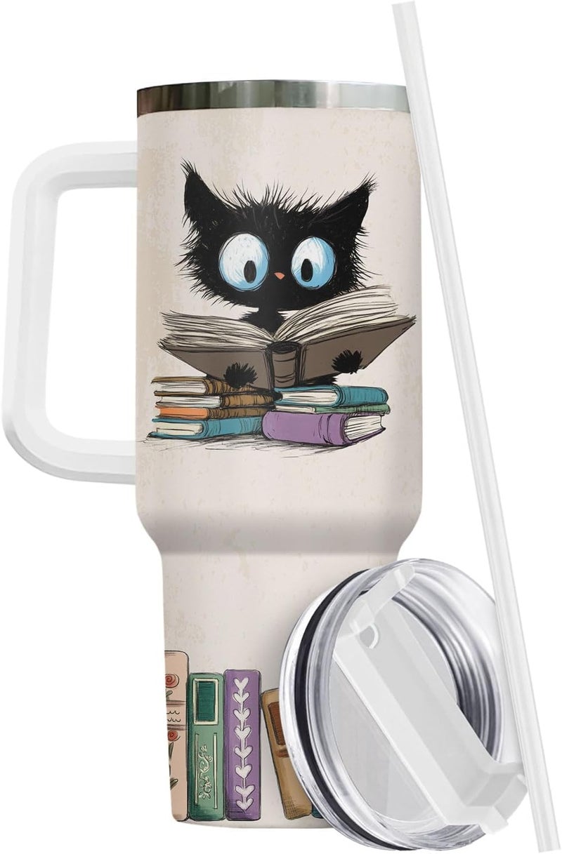 34HD Black Cat Mom Tumbler with Handle and Straw, 40oz Book Themed Cup Stainless Steel, Bookworm Coffee Mug, Cat and Book Birthday Gifts for Women Men Friends - Image 2