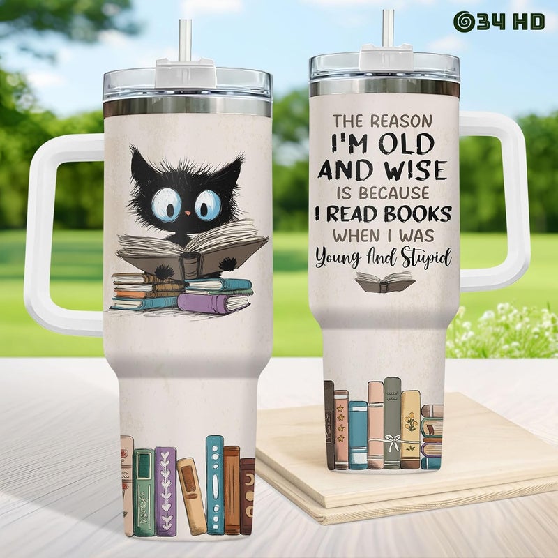 34HD Black Cat Mom Tumbler with Handle and Straw, 40oz Book Themed Cup Stainless Steel, Bookworm Coffee Mug, Cat and Book Birthday Gifts for Women Men Friends - Image 4