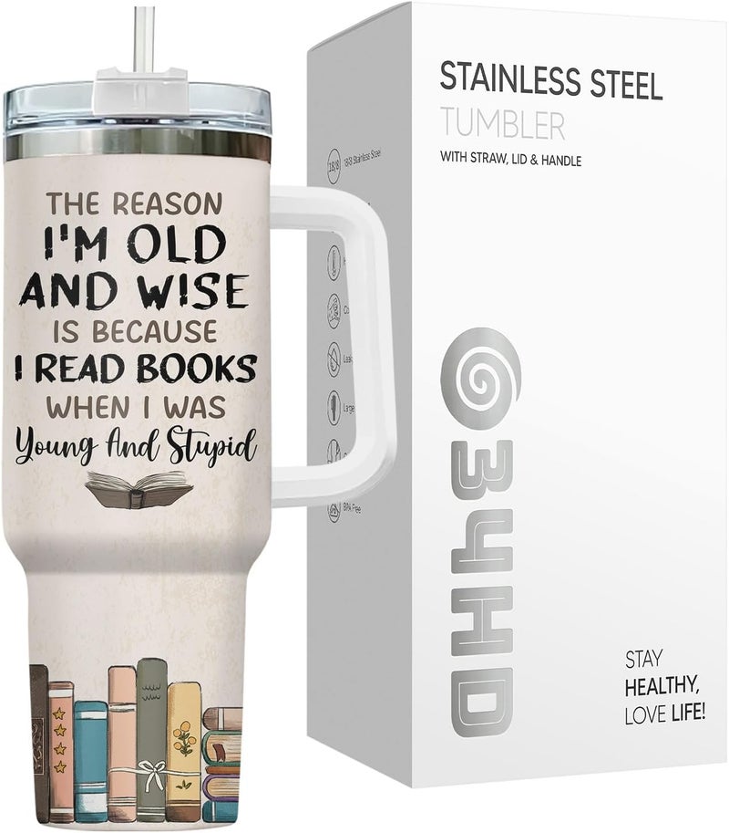 34HD Black Cat Mom Tumbler with Handle and Straw, 40oz Book Themed Cup Stainless Steel, Bookworm Coffee Mug, Cat and Book Birthday Gifts for Women Men Friends - Image 3