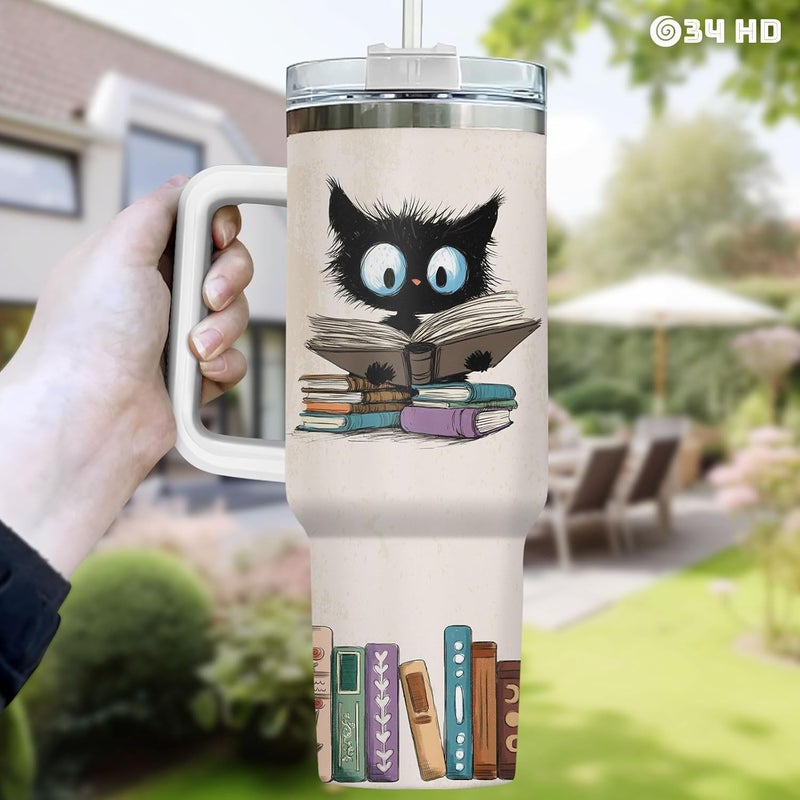 34HD Black Cat Mom Tumbler with Handle and Straw, 40oz Book Themed Cup Stainless Steel, Bookworm Coffee Mug, Cat and Book Birthday Gifts for Women Men Friends - Image 5