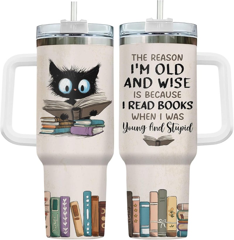 34HD Black Cat Mom Tumbler with Handle and Straw, 40oz Book Themed Cup Stainless Steel, Bookworm Coffee Mug, Cat and Book Birthday Gifts for Women Men Friends - Image 1