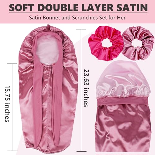 Himoswis Long Kids Bonnets for Girls,Double Layer Satin Bonnet for Sleeping Kid,Bonnet for Girl Braids Long Hair Rose Gold - Image 3