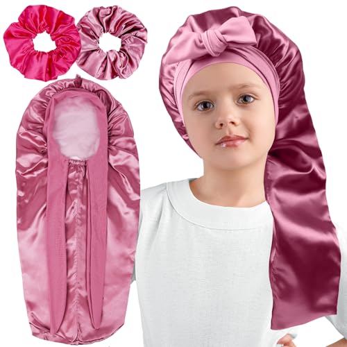 Himoswis Long Kids Bonnets for Girls,Double Layer Satin Bonnet for Sleeping Kid,Bonnet for Girl Braids Long Hair Rose Gold - Image 1