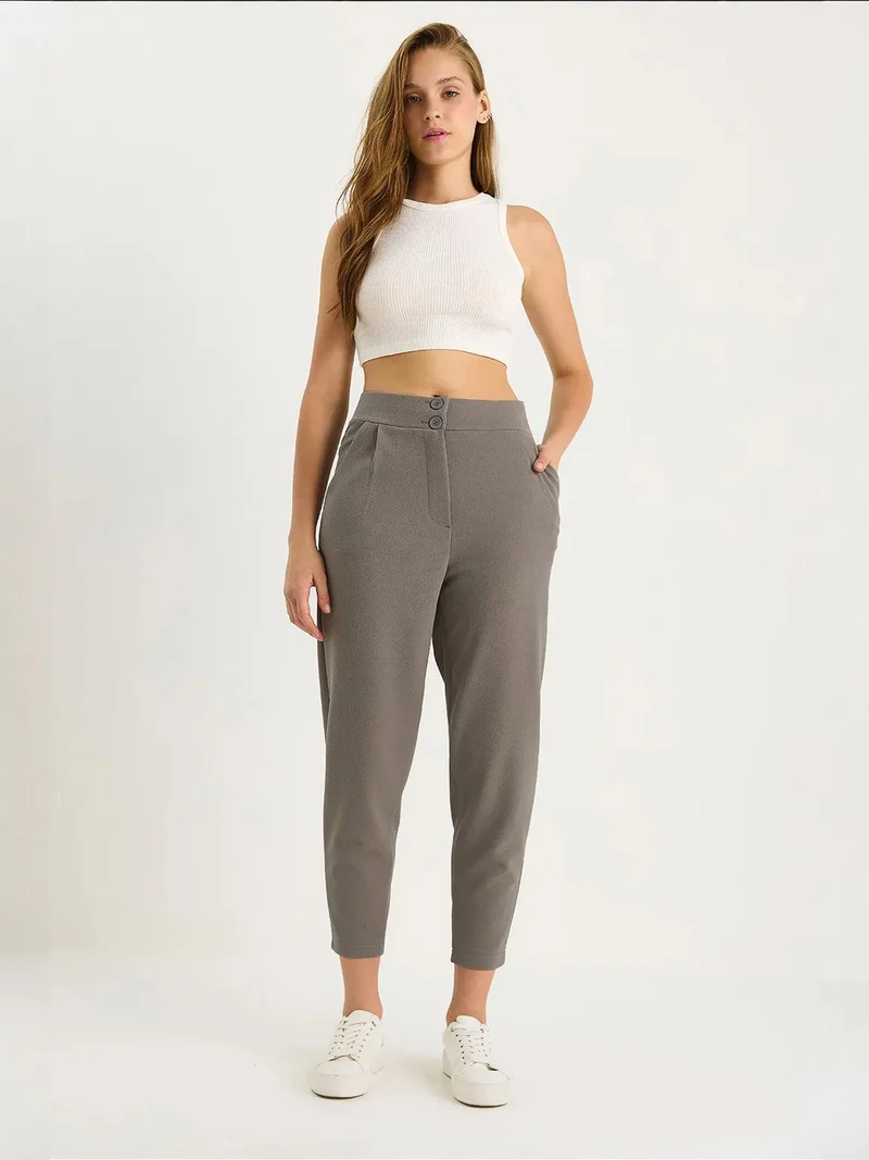 Bianco Lucci Grey LUCCI Long Crepe Carrot Pants with Button Closure for Women | Best Price UAE