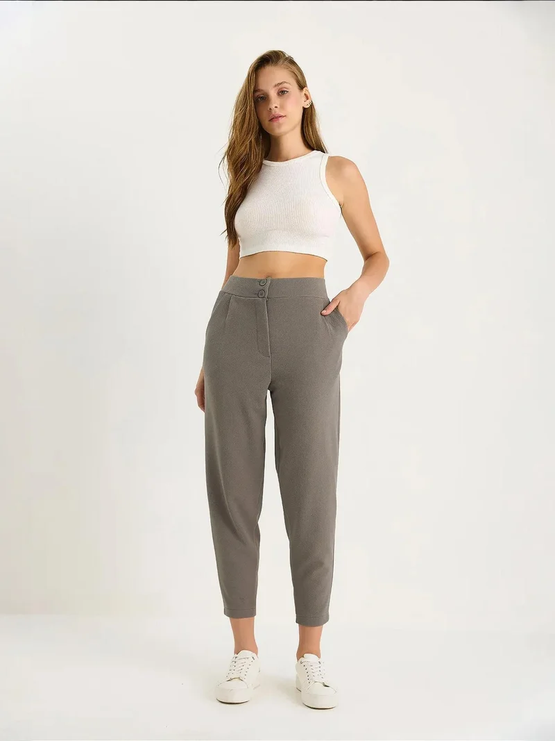 Bianco Lucci Grey LUCCI Long Crepe Carrot Pants with Button Closure for Women | Best Price UAE