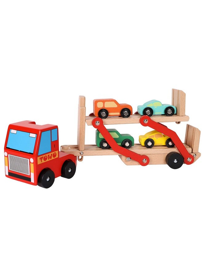 Toys of Wood Oxford - Towo Wooden Car Transporter Toy Double Decker Trailer With 4 Cars Ramp Racer Wooden Car Toy Truck Carrier For 3 Years Old Boys Vehicle Toys For Kids - Image 1