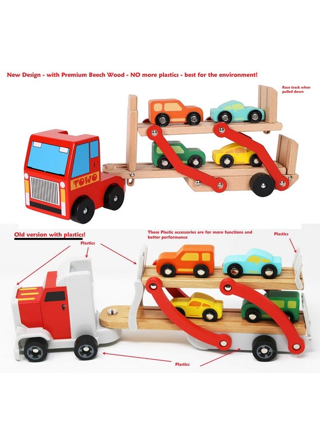 Toys of Wood Oxford - Towo Wooden Car Transporter Toy Double Decker Trailer With 4 Cars Ramp Racer Wooden Car Toy Truck Carrier For 3 Years Old Boys Vehicle Toys For Kids - Image 1
