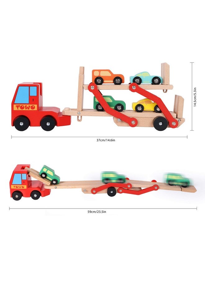 Toys of Wood Oxford - Towo Wooden Car Transporter Toy Double Decker Trailer With 4 Cars Ramp Racer Wooden Car Toy Truck Carrier For 3 Years Old Boys Vehicle Toys For Kids - Image 1