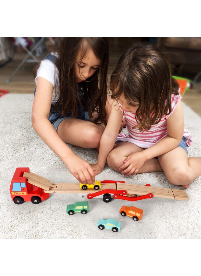 Toys of Wood Oxford - Towo Wooden Car Transporter Toy Double Decker Trailer With 4 Cars Ramp Racer Wooden Car Toy Truck Carrier For 3 Years Old Boys Vehicle Toys For Kids - Image 1