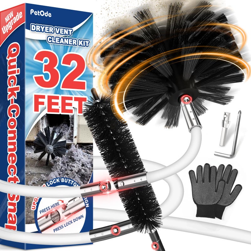 PetOde 32 Feet Dryer Vent Cleaner Kit Enhanced Flexible Quick Snap Brush with Drill Attachment for Effective Cleaning 360 Degree Rotation Without Loosening Use with or Without a Power Drill