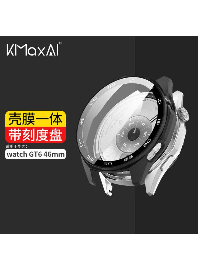 Kmaxai Huawei Gt6 46mm Protective Case With Scale, Integrated Screen Protector, Tempered Glass Dial Cover, Hard Shell Film, Black - Image 1