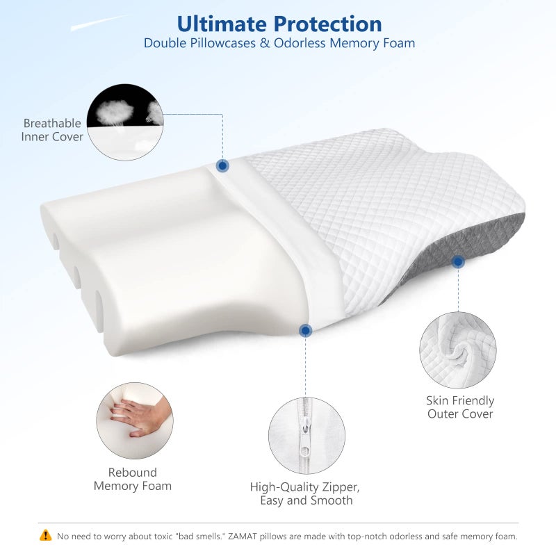 ZAMAT Memory Foam Pillow for Neck Pain Relief, Adjustable Ergonomic Cervical Pillow for Sleeping, Orthopedic Neck Pillow with Washable Cover, Bed Pillows for Side, Back, Stomach Sleepers - Image 5